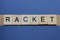 text the word racket from brown wooden small letters