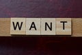 Text the word want from gray wooden small letters