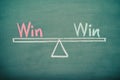 Text word win and win balance on seesaw drawing writing on chalkboard or blackboard background. Concept of win - win deal Royalty Free Stock Photo