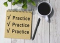 Text written on notebook with cup of coffee and pen on wooden background Royalty Free Stock Photo