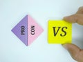 Text written Pro and Con at triangle wooden bloks and hand holding wooden block with text VS