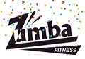 Text Zumba for card. colored confetti on white background.