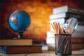 Textbooks, globe and pencils on a wooden background. Educational background Royalty Free Stock Photo