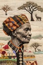 Textile artwork depicting a Namibian elder adorned with traditional patterns and intricate embroidery