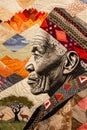 Textile artwork depicting a vibrant Namibian elder adorned with traditional patterns and intricate designs