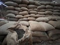 textile bag filled with roasted coffee beans waiting to be sold, Sidama, Ethipoia Royalty Free Stock Photo