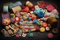 textile crafts collection, featuring a variety of knitted and crocheted items