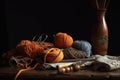 textile crafts still-life with yarn, needles, and scissors