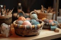 textile crafts workshop, with basket of yarns and knitting needles on the table