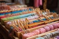 textile crafts workshop, with rows of knitting needles and colorful yarn Royalty Free Stock Photo