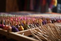 textile crafts workshop, with rows of knitting needles and colorful yarn