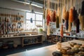 textile crafts workshop, with yarns, needles and hooks hanging overhead