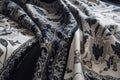 textile with dark, intricate pattern, creating contrast against light and airy room