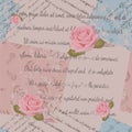 Textile design, roses, faded text, patchwork with foliage print