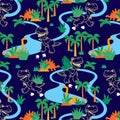 Dinosaur skeleton and fossils. Vector seamless pattern. Colorful.