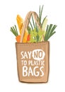 Textile eco friendly reusable shopping bag full of vegetables and other products with inscription Say No To Plastic Bags