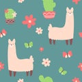 Textile fabric seamless pattern with illustrations of cute llamas, butterflies and cacti Royalty Free Stock Photo