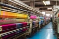 Textile factory with machines weaving colorful fabric, showcasing the production process of clothing Royalty Free Stock Photo