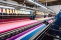 Textile factory with machines weaving colorful fabric, showcasing the production process of clothing Royalty Free Stock Photo