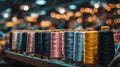 In a textile factory, a series of colorful thread spools were positioned in a line under a warm lighting setup Royalty Free Stock Photo