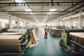 textile factory, with workers operating machines and producing fabrics