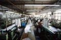 textile factory, with workers operating machines and producing fabrics