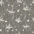 Textile floral pattern in french style, baroque, rococo. Contour light flowers seamless pattern with pearls on a beige background