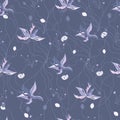 Textile floral pattern. Mother of pearl flowers with pearls on a purple background. Endless vector texture for fabric, tile,