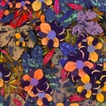 Textile graphic design of atomic tangerine, russian violet, orange peel sweet william , sunflower, lion, delft blue, Mountbatten