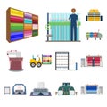 Textile industry cartoon icons in set collection for design.Textile equipment and fabrics vector symbol stock web Royalty Free Stock Photo