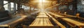 A textile mill with rows of looms weaving intricate patterns, surrounded by the warm glow of task lighting