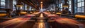 A textile mill with rows of looms weaving intricate patterns, surrounded by the warm glow of task lighting