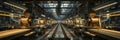 A textile mill with rows of looms weaving intricate patterns, surrounded by the warm glow of task lighting