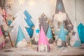 Textile New Year gnomes as a closeup background. Dwarves for the Christmastime and copy space.