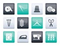 Textile objects and industry icons over color background