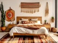 Textile with orient motifs. Moroccan or eclectic, bohemian interior design of modern bedroom. Created with generative AI Royalty Free Stock Photo