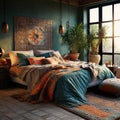 Textile with orient motifs. Moroccan or eclectic, bohemian interior design of modern bedroom Royalty Free Stock Photo