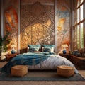 Textile with orient motifs. Moroccan or eclectic, bohemian interior design of modern bedroom Royalty Free Stock Photo