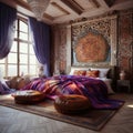 Textile with orient motifs. Moroccan or eclectic, bohemian interior design of modern bedroom Royalty Free Stock Photo