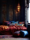 Textile with orient motifs. Moroccan or eclectic, bohemian interior design of modern bedroom Royalty Free Stock Photo