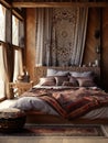 Textile with orient motifs. Moroccan or eclectic, bohemian interior design of modern bedroom Royalty Free Stock Photo