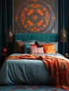 Textile with orient motifs. Moroccan or eclectic, bohemian interior design of modern bedroom Royalty Free Stock Photo