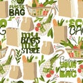 Textile and paper bags with botanics elements and eco slogans. Seamless pattern. Eco friendly life style background. Royalty Free Stock Photo