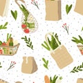 Textile and paper bags with botanics elements seamless pattern. Eco friendly life style background.