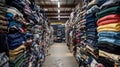 Textile Recycling Warehouse Interior with Piles of Sorted Clothing