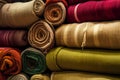 Textile roll colorful market stack cloth. Generate Ai