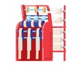 Textile rolls on red shelving rack. Fabric and material storage concept for sewing. Organization system for tailoring