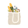 Textile shopping package full of fresh healthy food vector flat illustration. Canvas bag with handle filling groceries