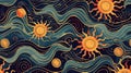 a seamless pattern with suns , moons , and swirls on a black background AIG50 Royalty Free Stock Photo