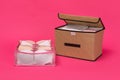 Textile storage case and organizer with bras on pink background